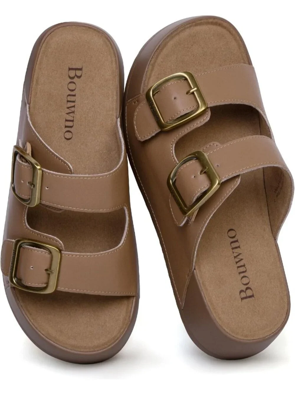 Women's Brown Genuine Leather Slide Buckle Slip on Beach Platform Sandal Shoes